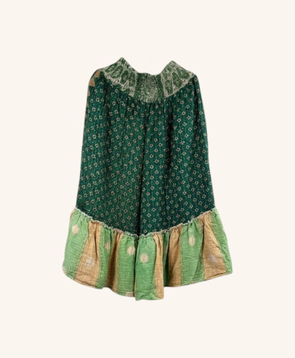 She Lives Beauty Anything for Selenas Bloomers in green vintage kantha cotton with a ruffled hem and elastic waist.