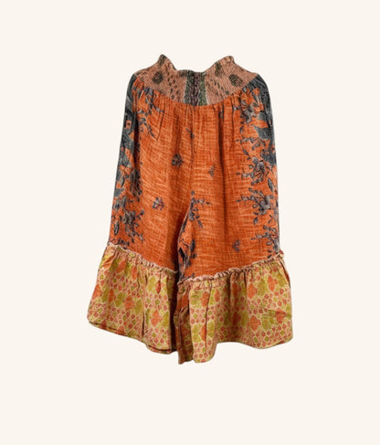 She Lives Beauty Anything for Selenas bloomers in orange vintage kantha cotton with a ruffled hem and elastic waist.