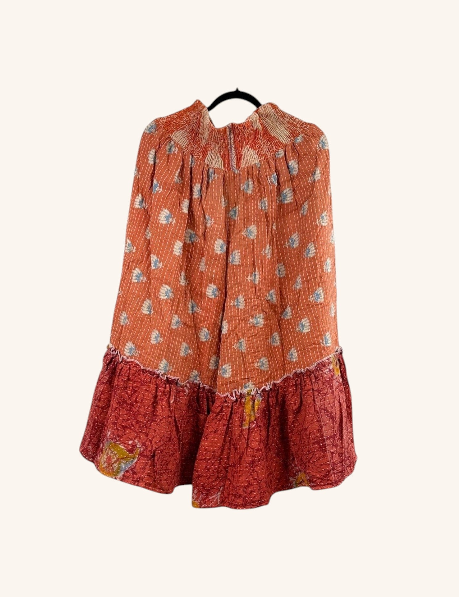 She Lives Beauty Anything for Selenas bloomers in orange and red vintage kantha cotton with an oversized ruffle hem