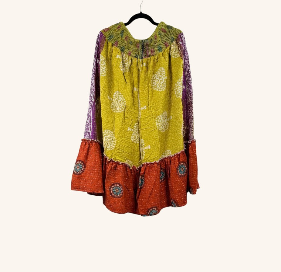 She Lives Beauty Anything for Selenas bloomers in vintage kantha cotton with yellow, orange, and purple floral prints.