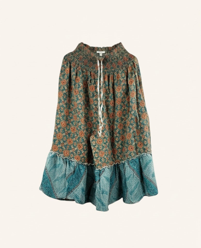 She Lives Beauty Anything for Selenas Bloomers in vintage kantha cotton with floral print and ruffled hem
