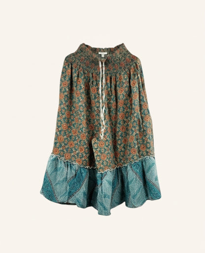 She Lives Beauty Anything for Selenas Bloomers in vintage kantha cotton with floral print and ruffled hem