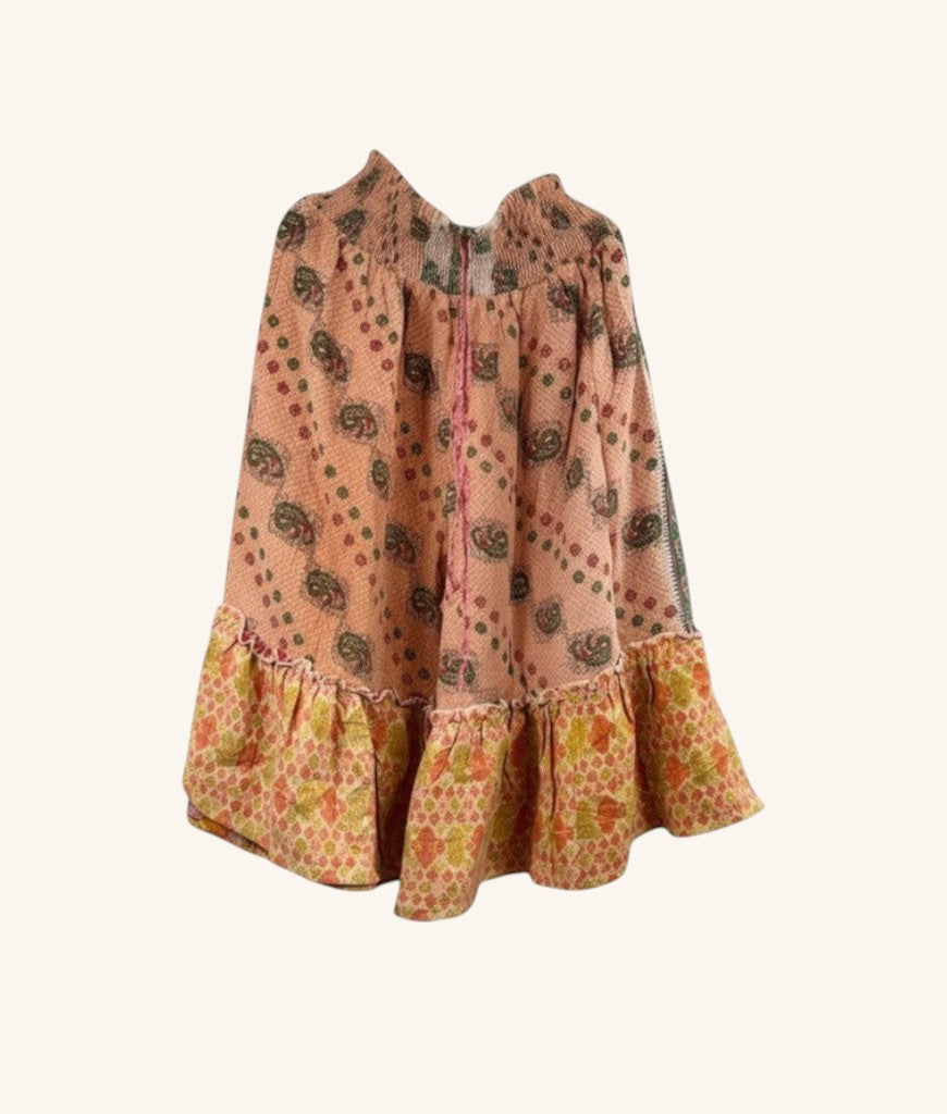 She Lives Beauty Anything for Selenas bloomers in peach vintage kantha cotton with a ruffled hem and floral print