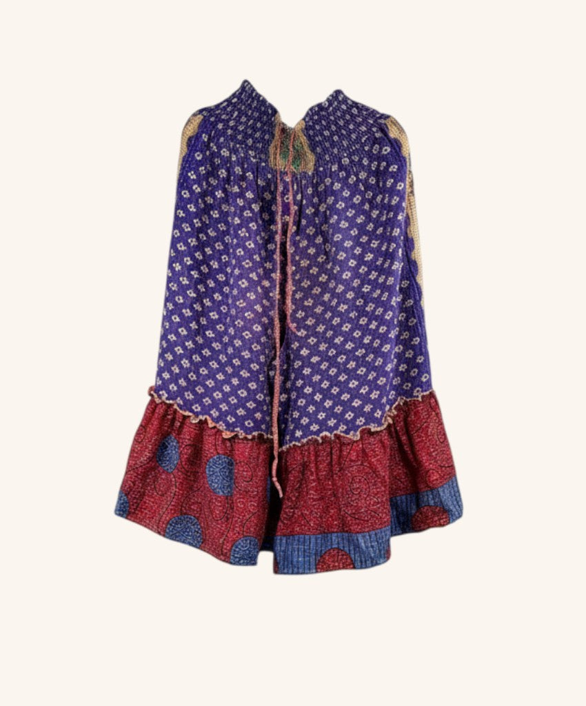 She Lives Beauty Anything for Selenas bloomers in vintage kantha cotton with purple floral and red patterned ruffles