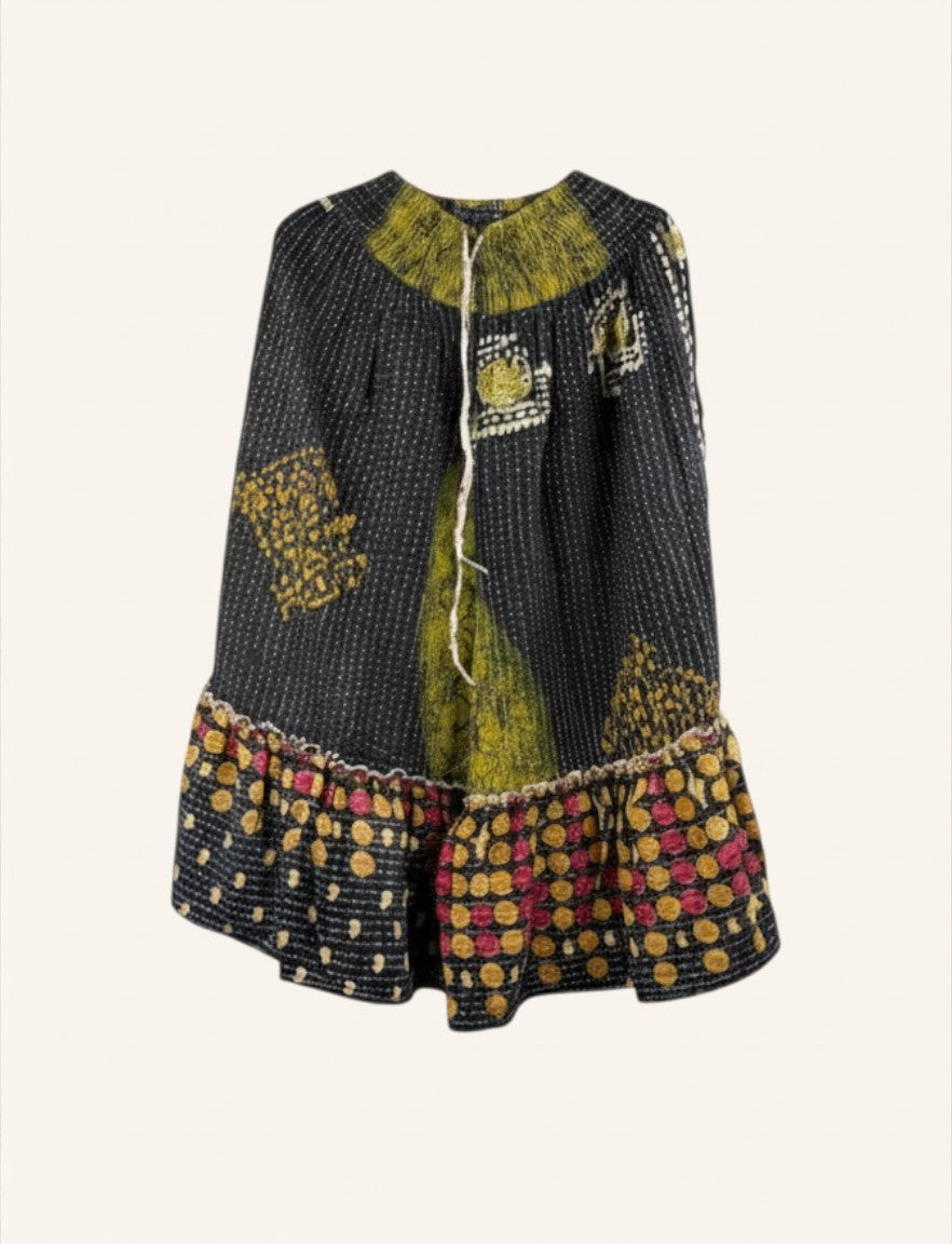 She Lives Beauty Anything for Selenas Bloomers in black and yellow vintage kantha cotton with an oversized ruffle hem.