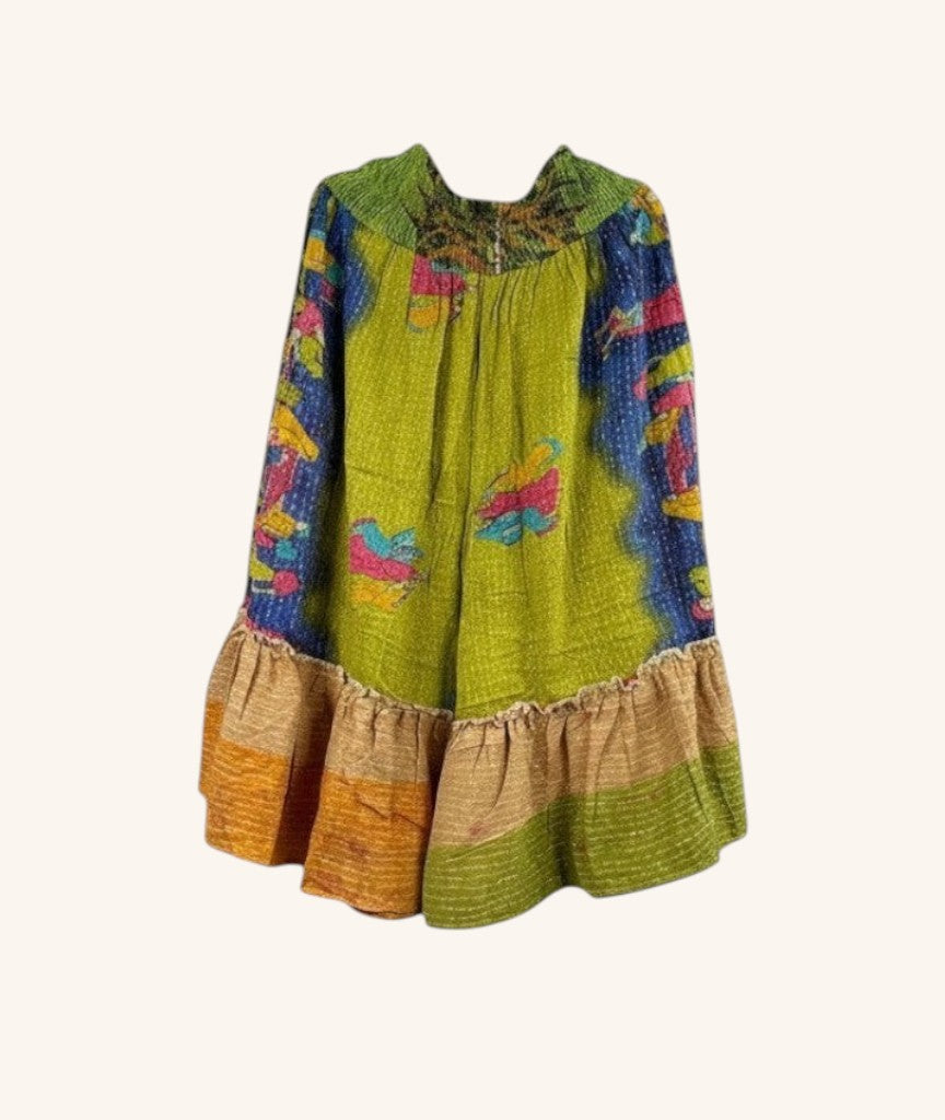 She Lives Beauty Anything for Selenas Bloomers in green vintage Kantha cotton with a ruffled hem and elastic waist.