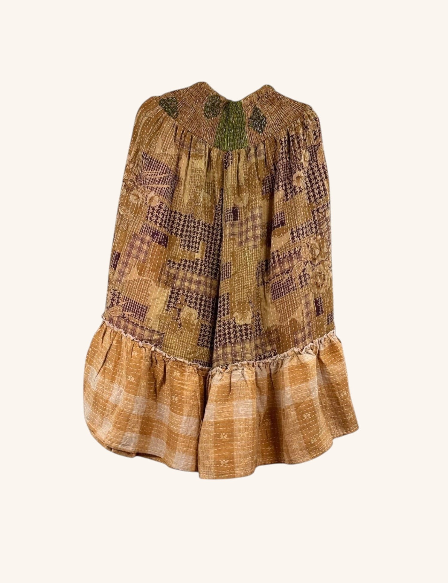 She Lives Beauty Anything for Selenas Bloomers in vintage kantha cotton with a ruffled hem and earth-tone patchwork.