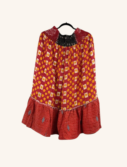 She Lives Beauty Anything for Selenas bloomers in red and yellow vintage Kantha cotton with an oversized ruffle hem.