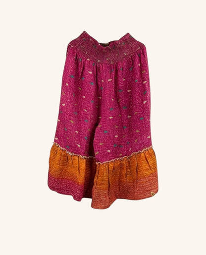 She Lives Beauty Anything for Selenas Bloomers in pink and orange vintage kantha cotton with a ruffled hem.