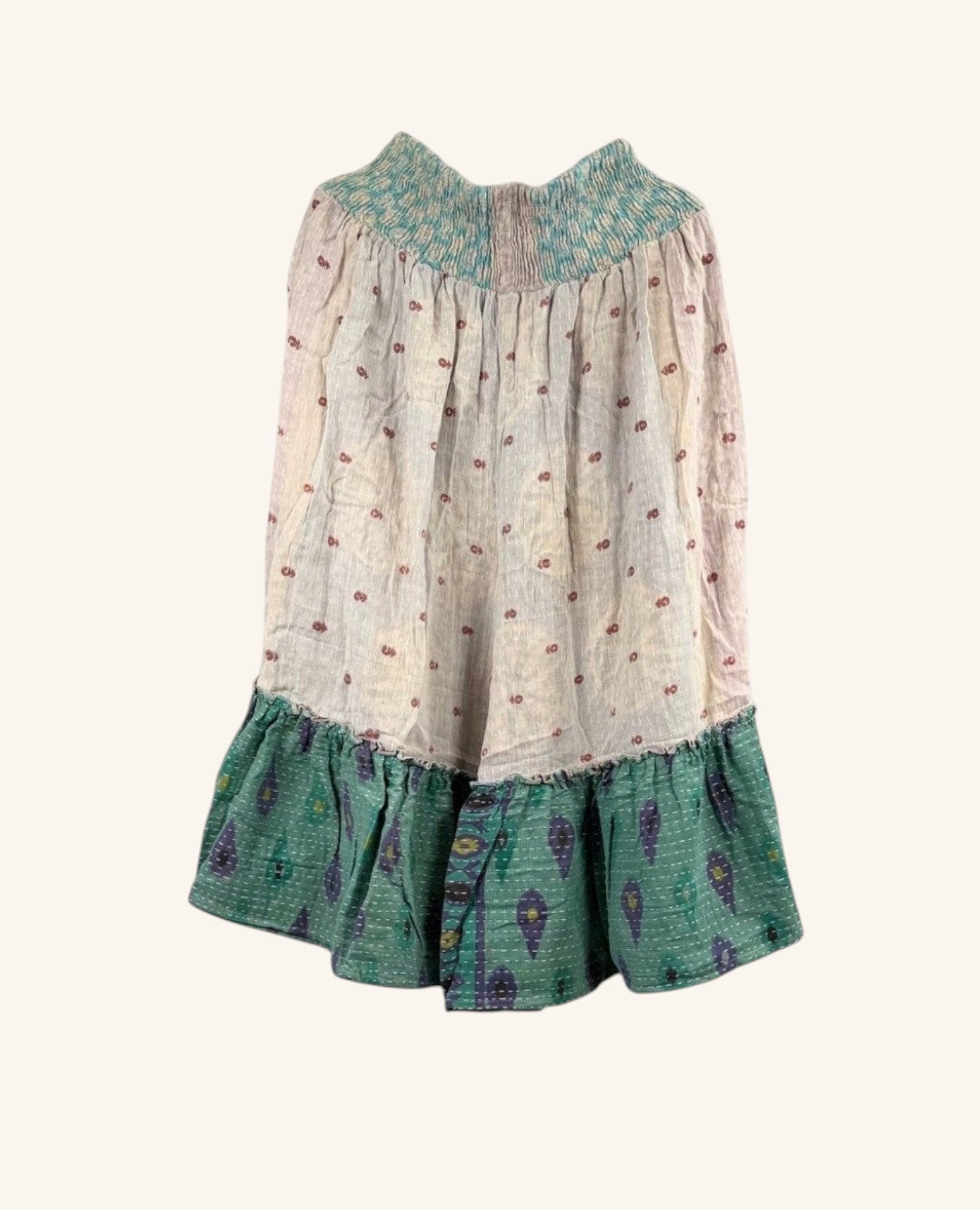 She Lives Beauty Anything for Selenas Bloomers in vintage cotton with kantha stitching and green ruffle hem
