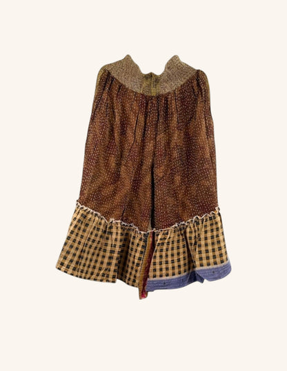 She Lives Beauty Anything for Selenas bloomers in brown vintage kantha cotton with a plaid ruffle hem