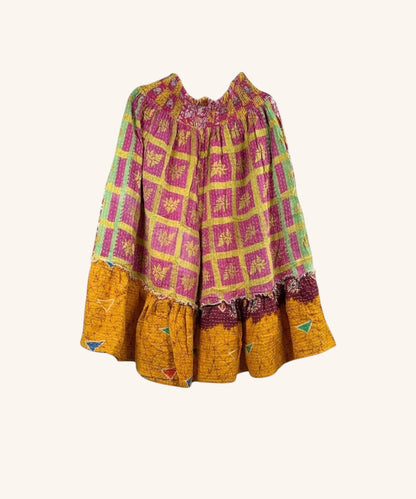 She Lives Beauty Anything for Selenas Bloomers in pink and yellow vintage kantha cotton with an oversized ruffle hem