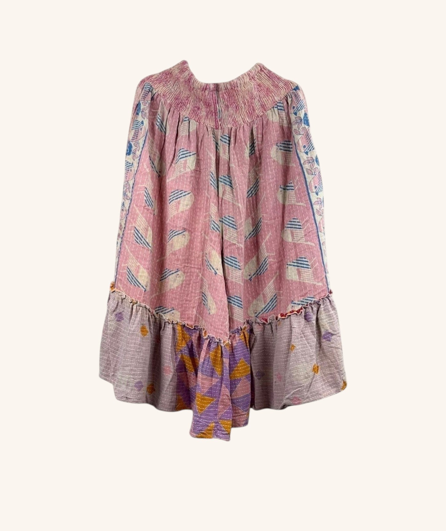 She Lives Beauty Anything for Selenas Bloomers in pink vintage kantha cotton with an oversized ruffle hem