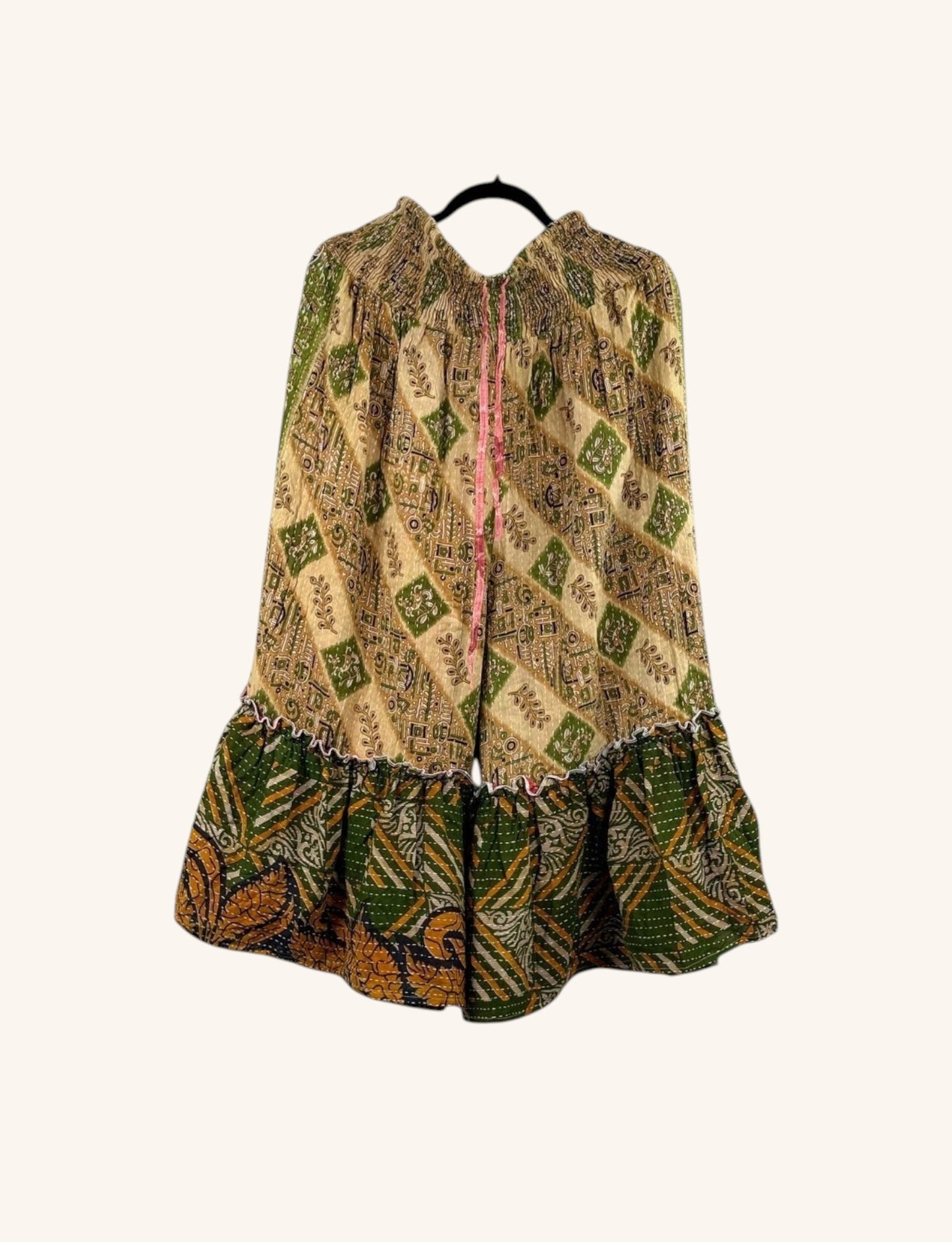 She Lives Beauty Anything for Selenas Bloomers in vintage Kantha cotton with green and beige patchwork ruffle hem