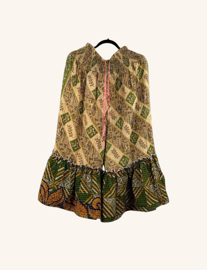 She Lives Beauty Anything for Selenas Bloomers in vintage Kantha cotton with green and beige patchwork ruffle hem