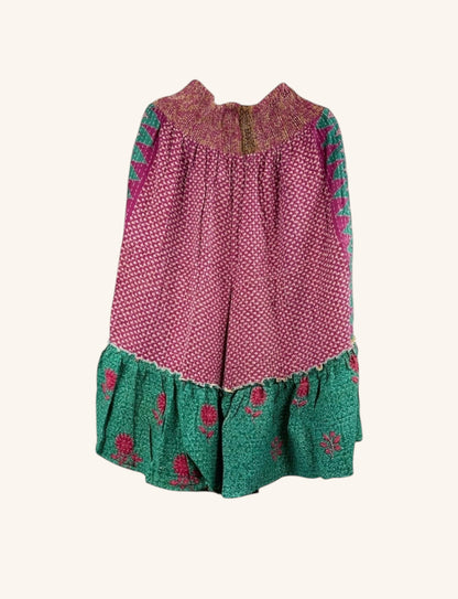 She Lives Beauty Anything for Selenas bloomers in pink and green vintage kantha cotton with an oversized ruffle hem.