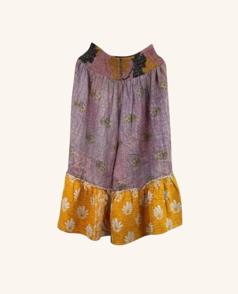 She Lives Beauty Anything for Selenas Bloomers in vintage kantha cotton with purple floral print and yellow ruffle hem