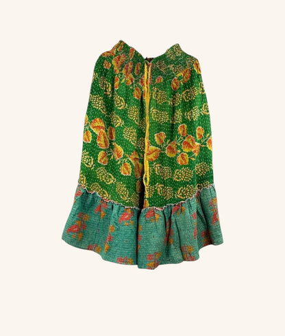 She Lives Beauty Anything for Selenas Bloomers in green vintage kantha cotton with a ruffled hem and floral print.