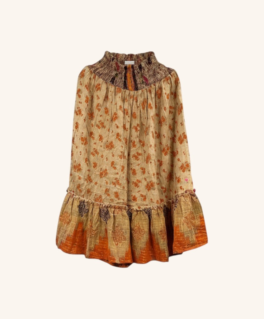 She Lives Beauty Anything for Selenas bloomers in vintage kantha cotton with floral print and oversized ruffle hem.