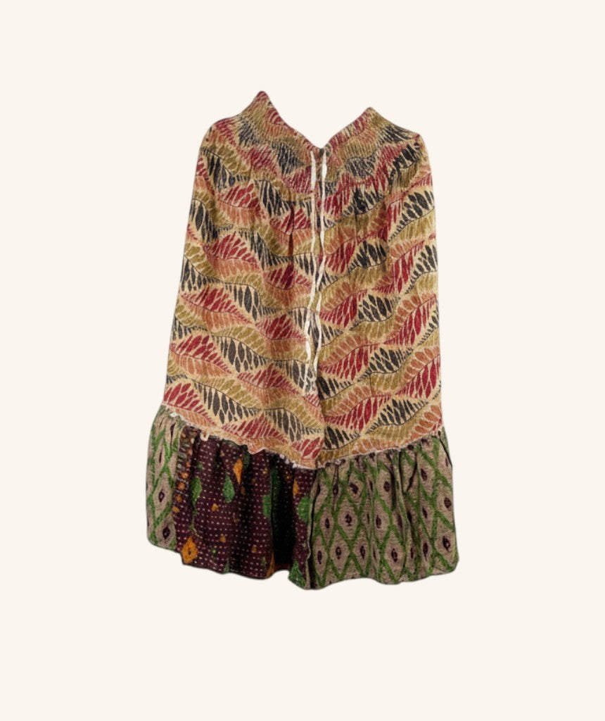 She Lives Beauty Anything for Selenas bloomers in vintage cotton kantha fabric with a ruffled hem and leaf print.