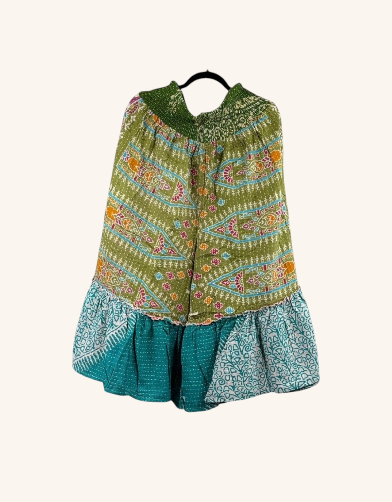 She Lives Beauty Anything for Selenas bloomers in green and teal vintage Kantha cotton with an oversized ruffle hem