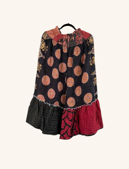 She Lives Beauty Anything for Selenas Bloomers in black and red vintage kantha cotton with a ruffled hem