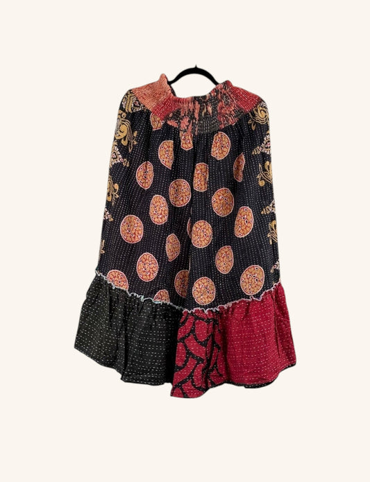 She Lives Beauty Anything for Selenas Bloomers in black and red vintage kantha cotton with a ruffled hem