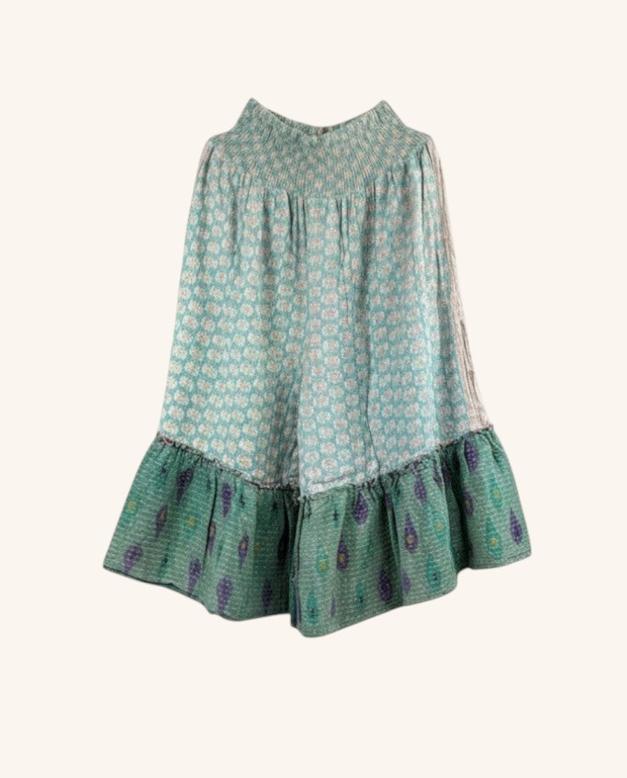 She Lives Beauty Anything for Selenas Bloomers in teal vintage cotton with Kantha stitching and a ruffled hem.