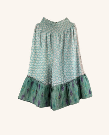 She Lives Beauty Anything for Selenas Bloomers in teal vintage cotton with Kantha stitching and a ruffled hem.
