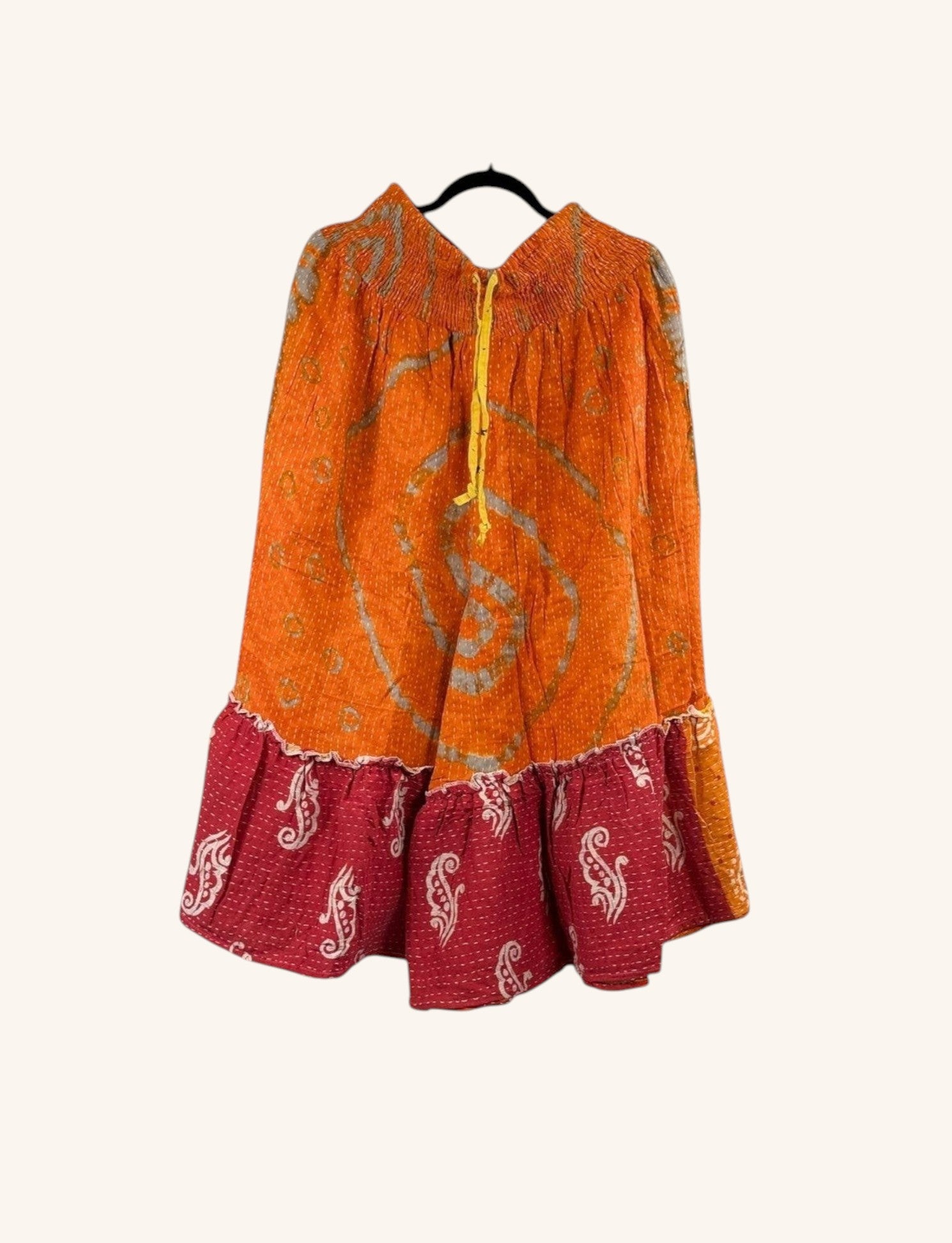 She Lives Beauty Anything for Selenas Bloomers in orange and red vintage kantha cotton with an oversized ruffle hem