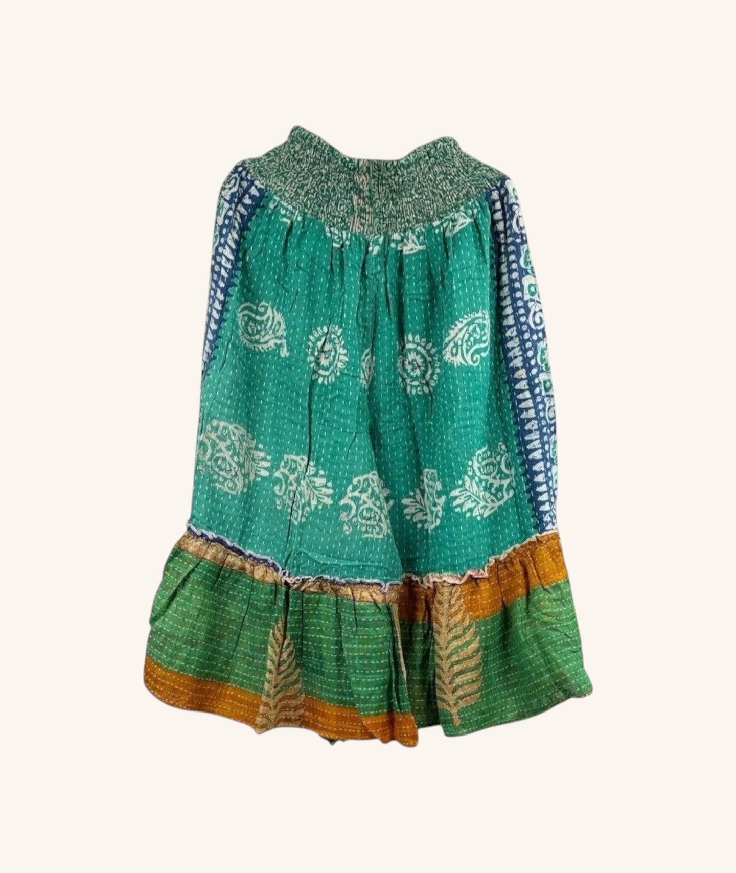 She Lives Beauty Anything for Selenas Bloomers in green vintage kantha cotton with a ruffled hem and elastic waist.
