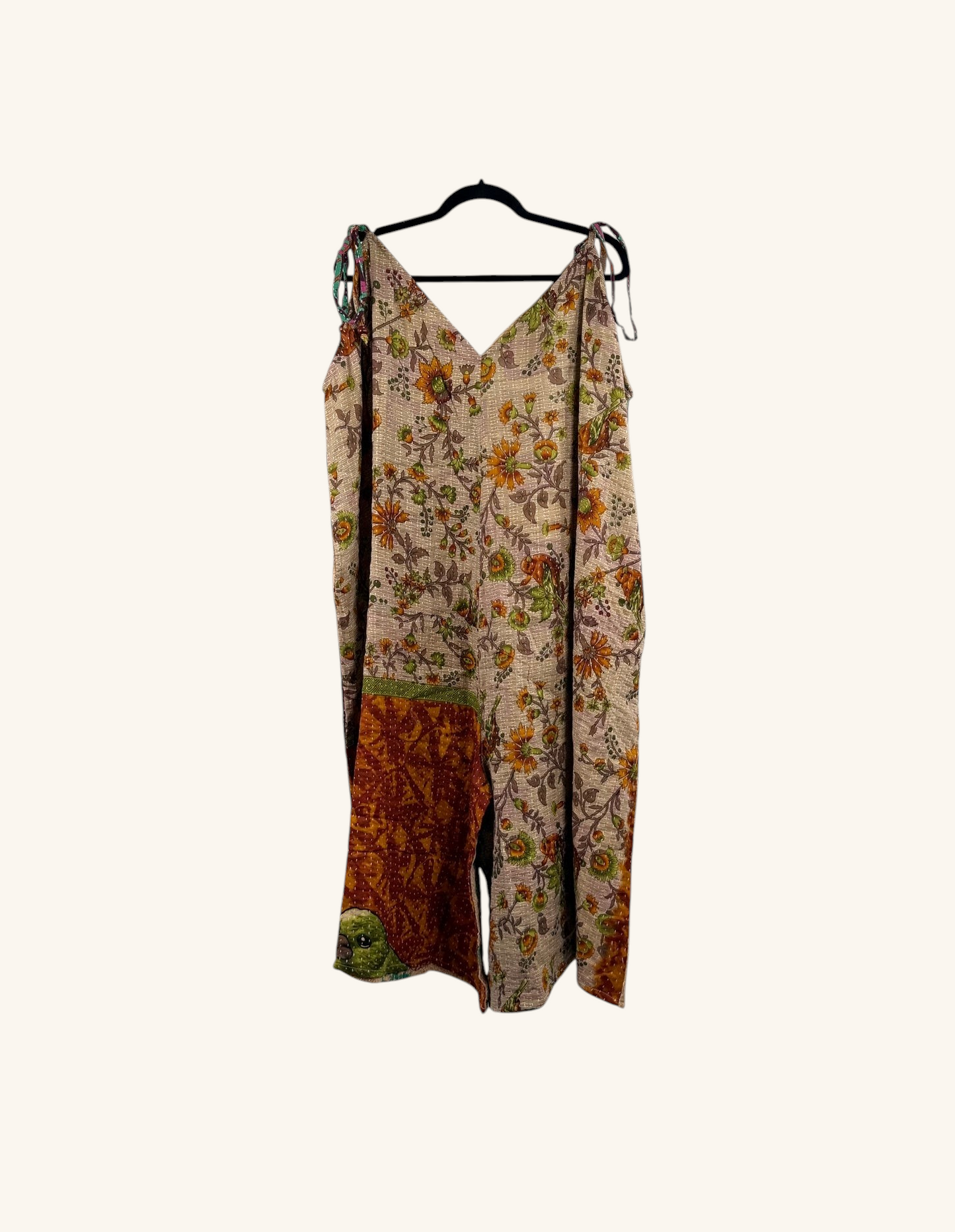 She Lives Beauty Sacred Journey Kantha jumpsuit in vintage floral cotton with adjustable straps and side pockets