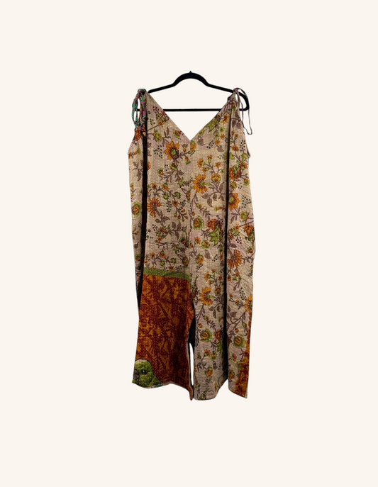 She Lives Beauty Sacred Journey Kantha jumpsuit in vintage floral cotton with adjustable straps and side pockets