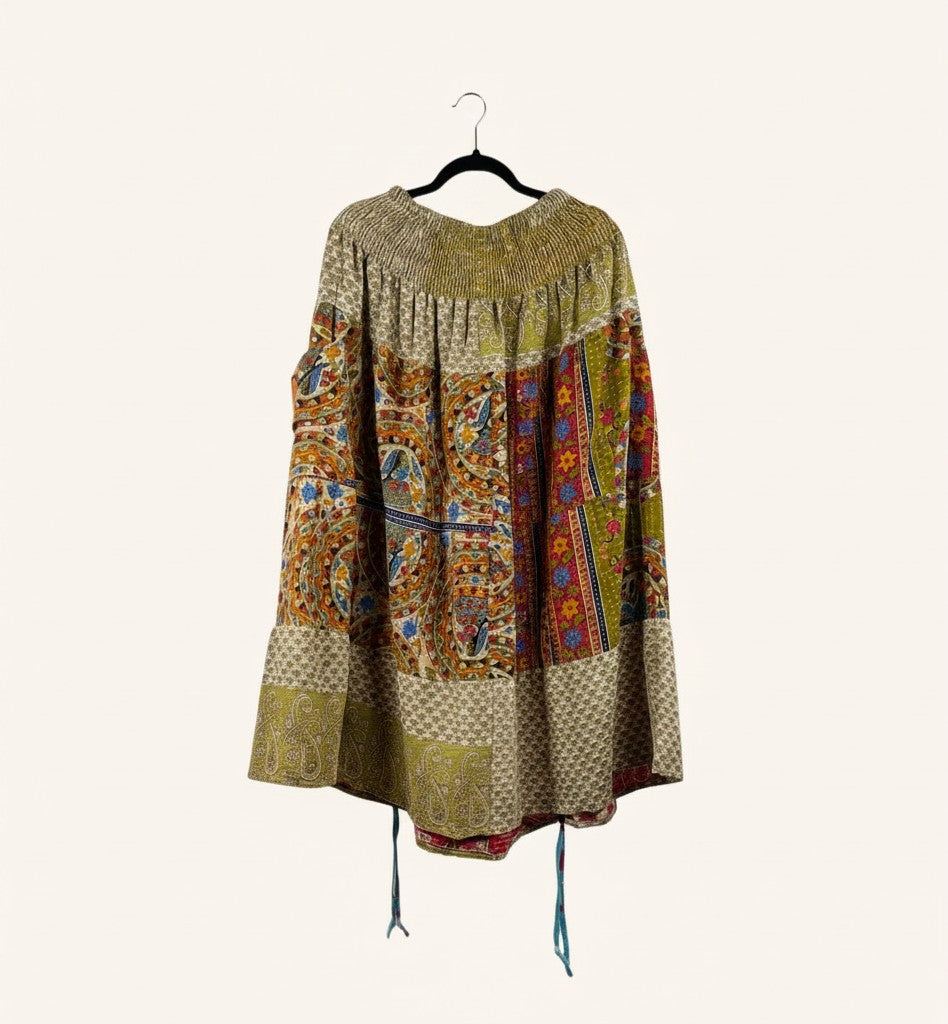 She Lives Beauty Earthbound midi skirt made from vintage kantha cotton with patchwork paisley and floral patterns.