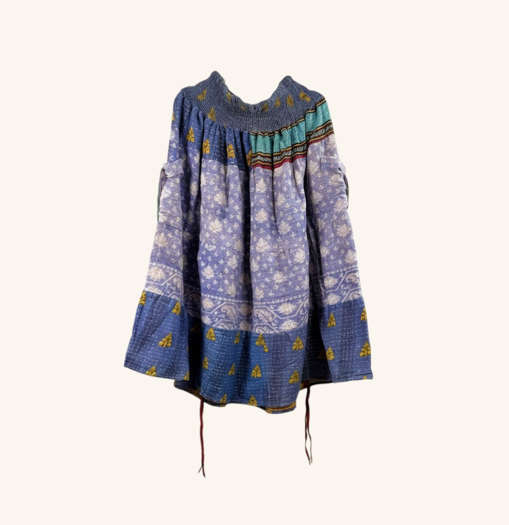 She Lives Beauty Earthbound midi skirt made from vintage blue kantha cotton with adjustable front leg cinches