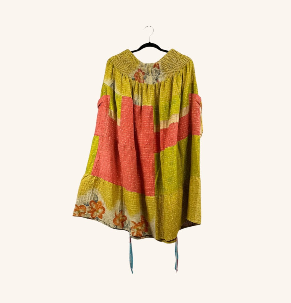 She Lives Beauty Earthbound midi skirt in yellow and coral vintage kantha cotton with adjustable leg cinches.