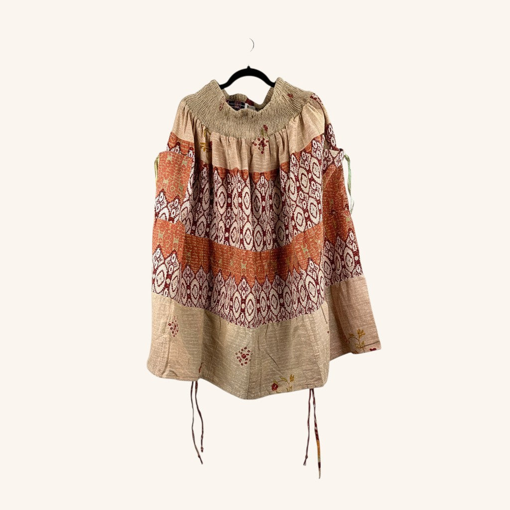 She Lives Beauty Earthbound midi skirt in vintage cotton kantha fabric with adjustable front leg cinches