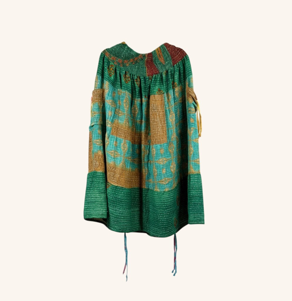 She Lives Beauty Earthbound midi skirt made from vintage green and brown kantha stitched cotton with side cinches.