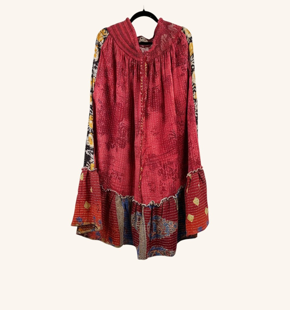 She Lives Beauty Anything for Selenas pants in red vintage Kantha cotton with a flowing silhouette and ruffle hem.