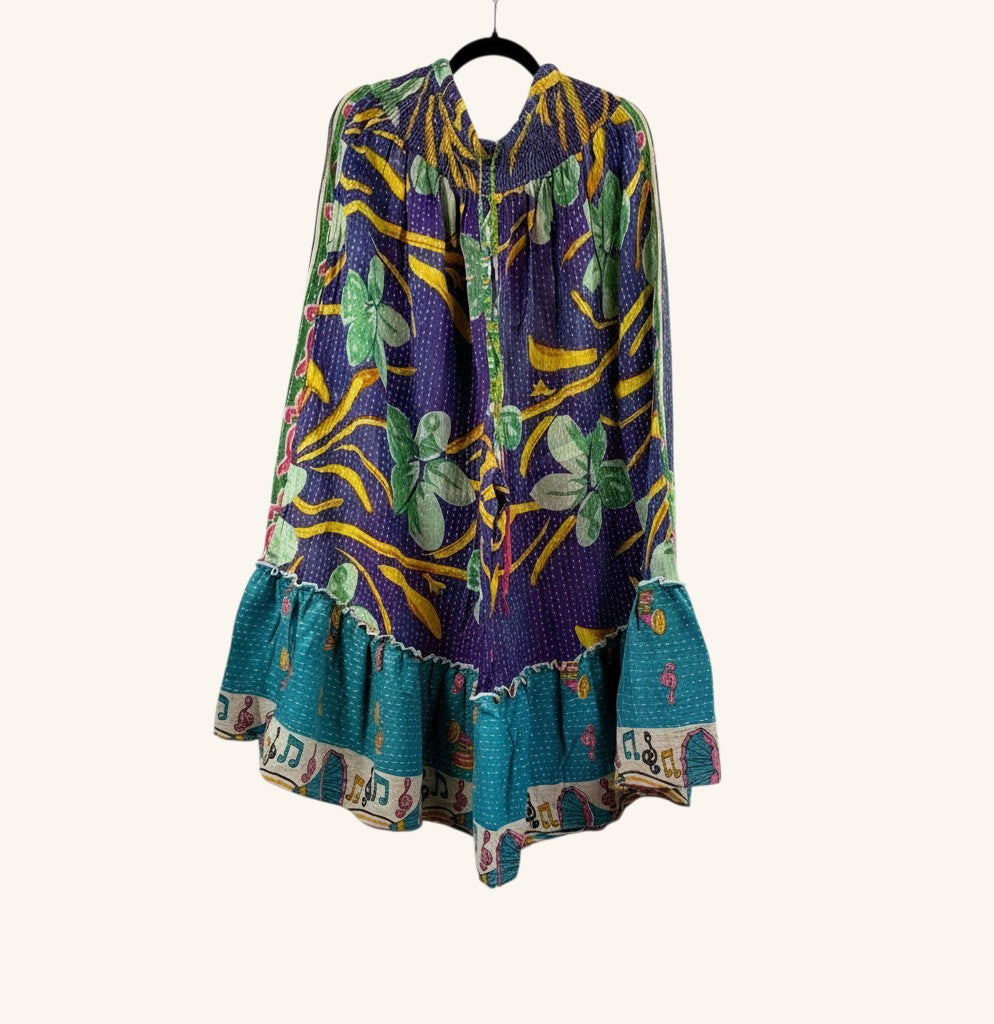 She Lives Beauty Anything for Selenas pants in purple and teal vintage kantha cotton with a ruffled hem.