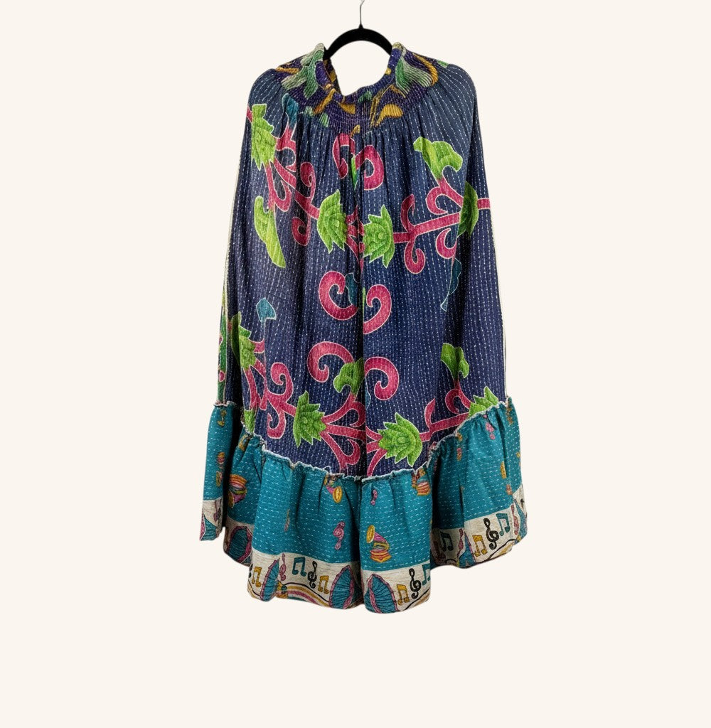She Lives Beauty Anything for Selenas pants in vintage kantha cotton with blue floral print and ruffled hem
