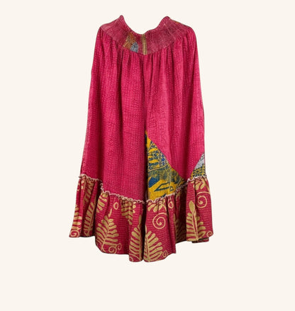 She Lives Beauty Anything for Selenas pants in pink vintage kantha cotton with a ruffled hem and unique print details.