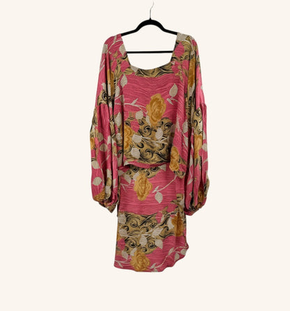 She Lives Beauty Desert Rain silk top in pink and gold floral vintage sari fabric with oversized ruffle sleeves.