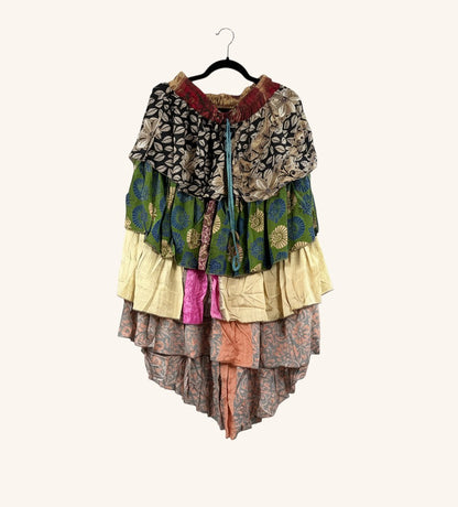 She Lives Beauty Ruffle Muse hi-lo skirt made from vintage multicolored Rasgulla silk with cascading ruffled layers.