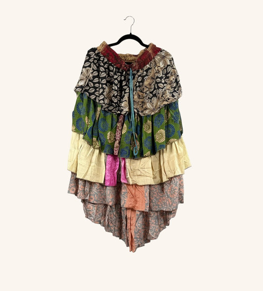 She Lives Beauty Ruffle Muse hi-lo skirt made from vintage multicolored Rasgulla silk with cascading ruffled layers.
