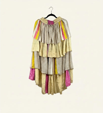 She Lives Beauty Ruffle Muse hi-lo skirt made from vintage Rasgulla silk with multi-colored patterns and ruffles.