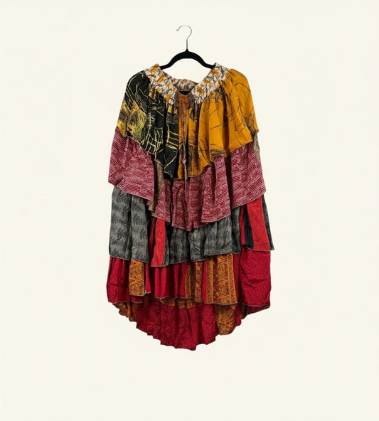 She Lives Beauty Ruffle Muse hi-lo skirt made from vintage multicolored Rasgulla silk with cascading ruffled layers.