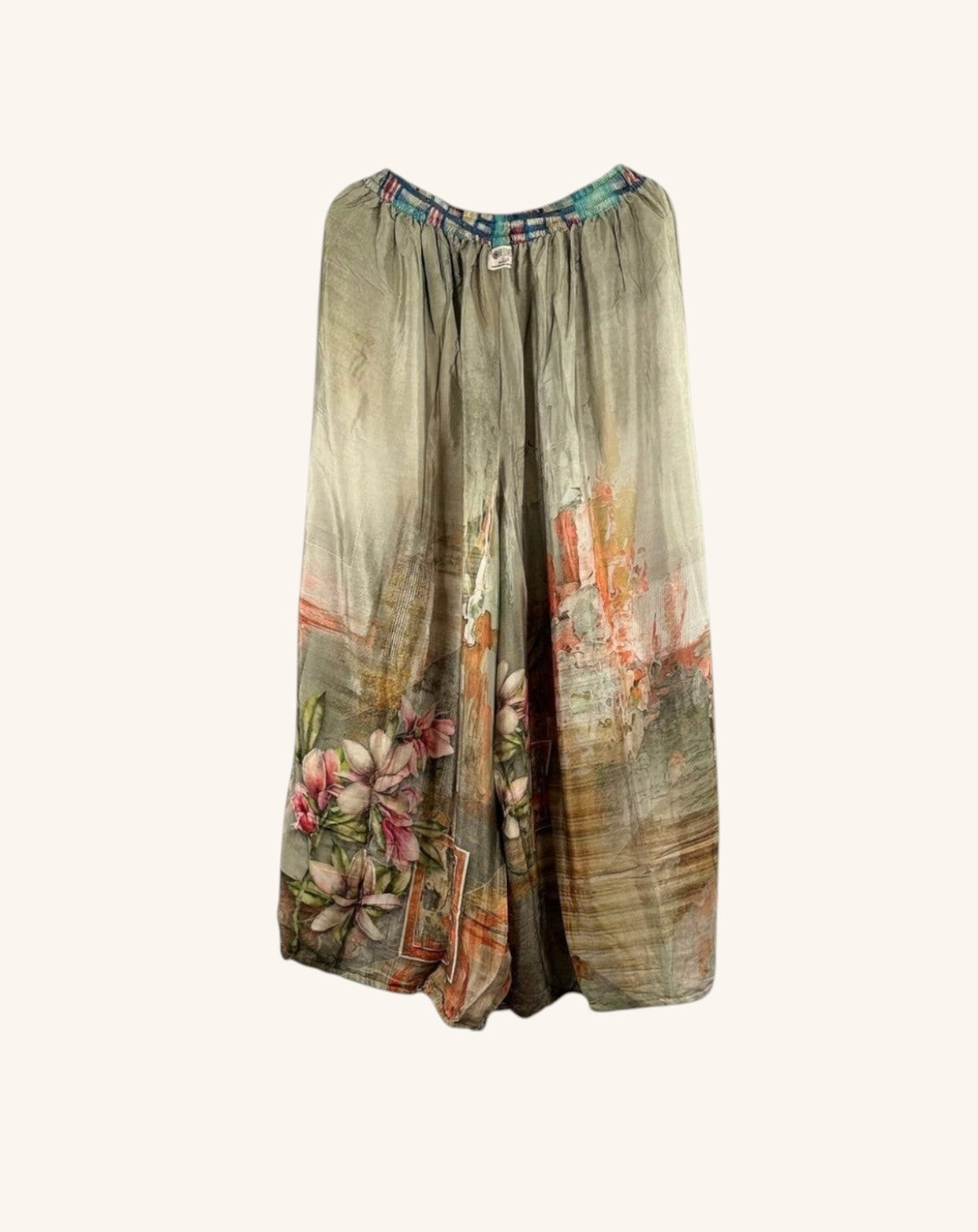 She Lives Beauty vintage rasgulla silk wide leg jogger pants in muted grey with floral patchwork and elastic waist