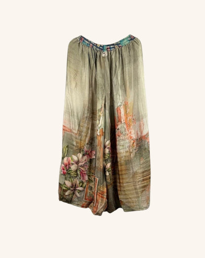 She Lives Beauty vintage rasgulla silk wide leg jogger pants in muted grey with floral patchwork and elastic waist