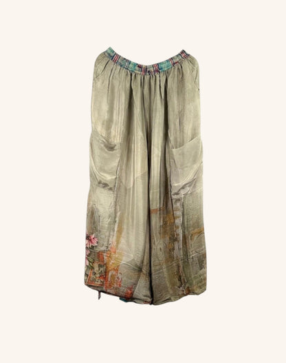 She Lives Beauty vintage rasgulla silk wide leg nomad pants in muted tones with patchwork floral details